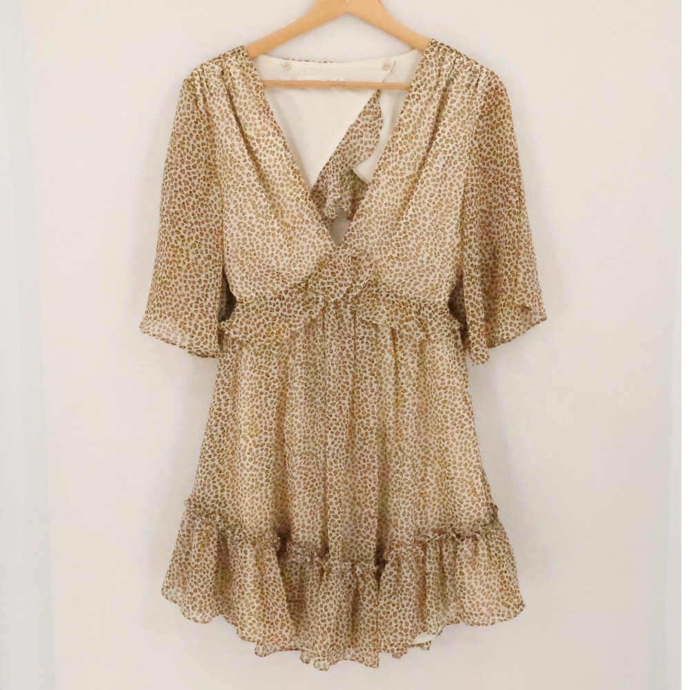 12th Tribe x Lauren L Leopard Print Babydoll Mini Dress Size XS Ruffle Open Back